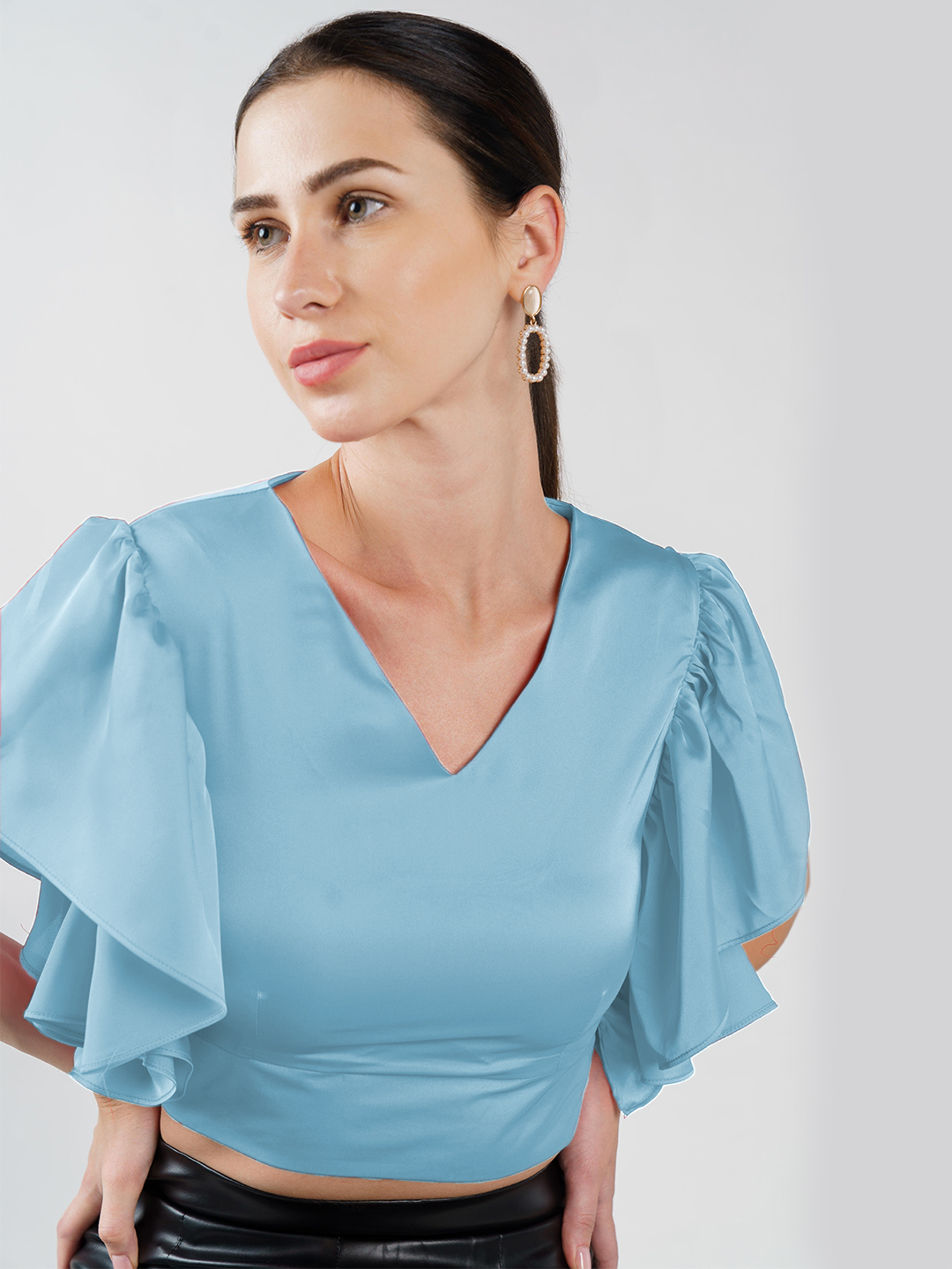 Crop Top With Flounce Sleeve Mint Blue - Front